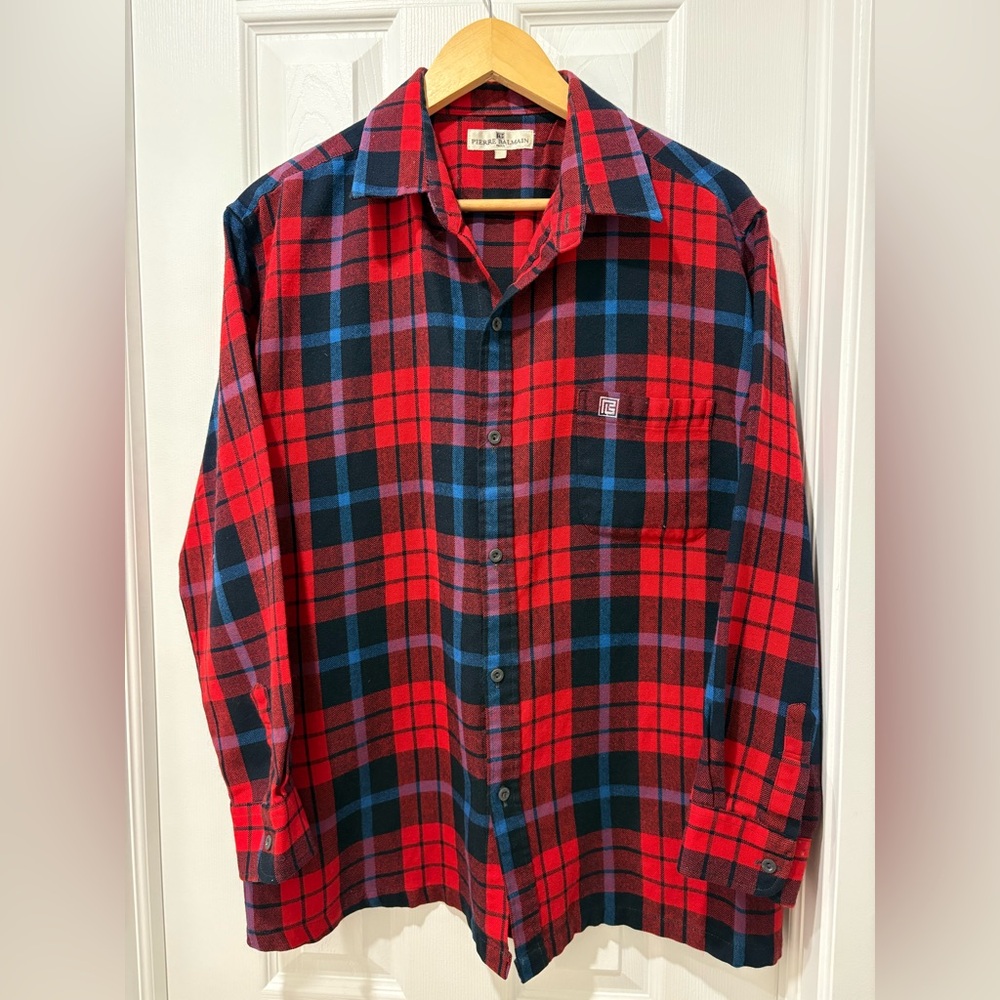 Vintage Pierre Balmain Red and Navy Plaid Men's Shirt 1980s Flannel